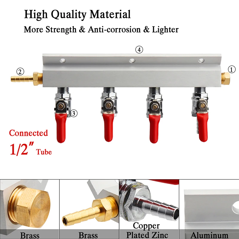 4 способ газовая рампа 1/" Барб CO2 воздушный разветвитель распределитель коллектор с интегрированными контрольными клапанами для Homebrew Kegerator
