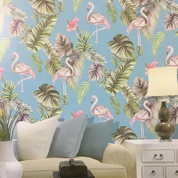 

paperwallpaper Flower and Bird Flamingo Tropical Leaves Wallpaper Room Bedroom Wall Paper Home Decor, Pink,Teal,Green