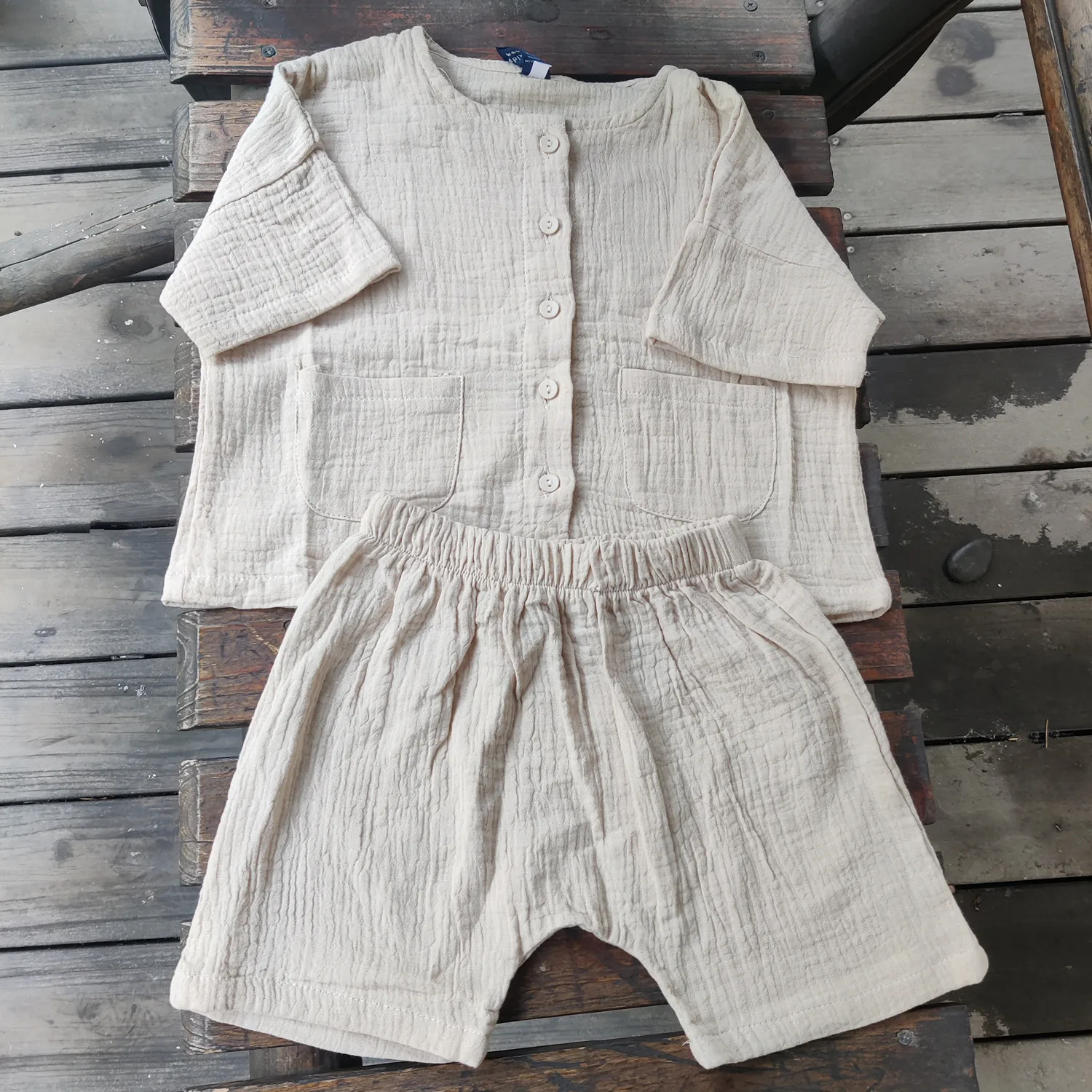 Children Clothing Kids Clothes 2pcs Pocket Blouse + Linen Shorts Girls Toddler Boys Baby Summer Casual Sets Button Tops Korean kids clothing set
