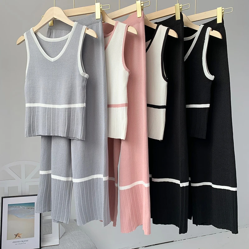 Camiseta de tirantes de punto para mujer, Top + Pantalones de pierna ancha de cintura alta, chaleco con cuello en V sin mangas, Top corto de media longitud de pantorrilla, conjunto de dos piezas TZ81