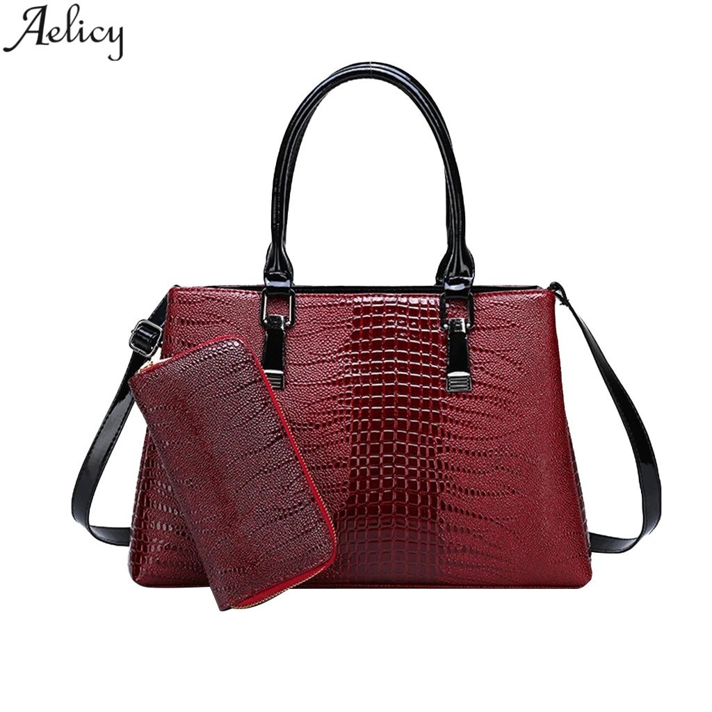 Aelicy, роскошная брендовая крокодиловая женская сумка, черная, красная, лакированная кожа, женские сумки, набор, Большая вместительная сумка на плечо, сумки-тоут+ кошелек