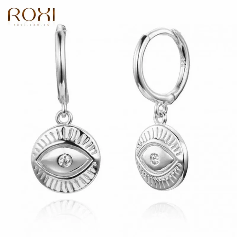 ROXI, новинка, серьги со злом глазом, 925 пробы, серебро, циркон, глаза, подвеска, маленькие серьги-гвоздики для женщин, ювелирные изделия, висячие серьги