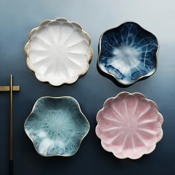

Japanese kiln change lotus leaf plate bone plate creative Nordic tableware hot pot barbecue dish ceramic plate dinner porcelain