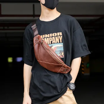 

New Arrived luxury brand men's chest bag classic leather popular coffee color male crossbody bag retro waist bag male money bag