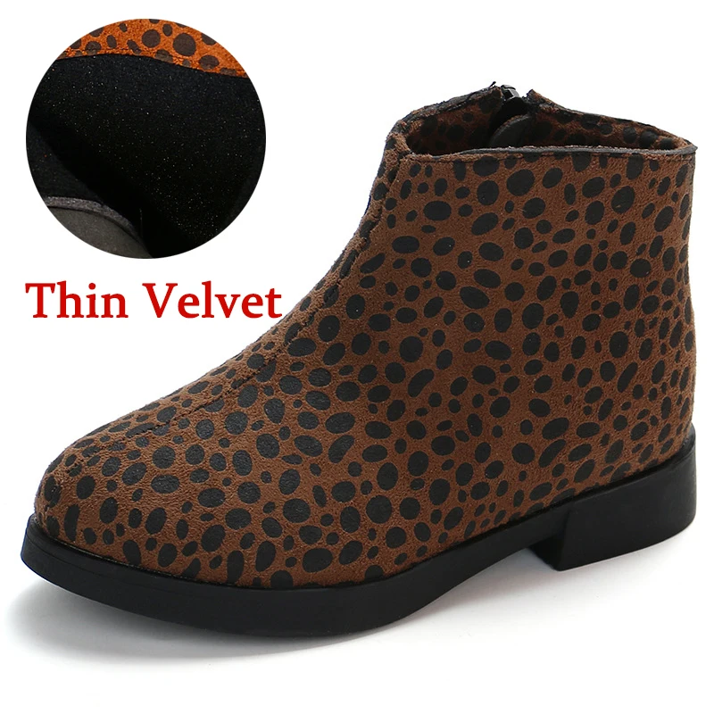 Thin Velvet Brown Зимние ботинки для девочек; Модные леопардовые кожаные детские Ботинки martin; обувь принцессы для девочек; бархатная теплая детская хлопковая обувь; ботильоны - Цвет: Thin Velvet Brown