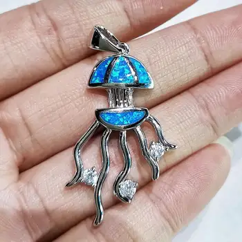 

Hot Selling Ocean Life Animals Jewelry 925 Sterling Silver Fire Opal Jellyfish Pendant Necklace For Women