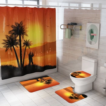 

European style shower curtain couple silhouette print shower curtain floor mat bathroom mat set Toilet Foot Rug Floor Mat