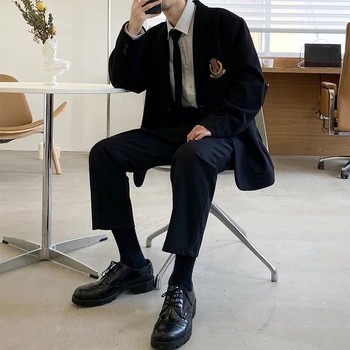 

Men 2PCS Suits Sets (jacket pant) Male Vintage Preppy Style Streetwear Hip Hop Loose Casual Suit Coat Blazers Jacket Pant