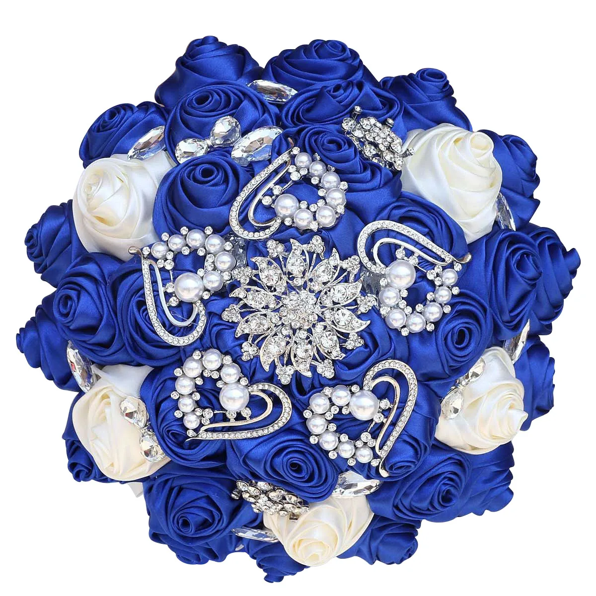 Beautiful Rhinestones Bride Bridesmaid Brooch Bouquet Royal Blue Diy Pearl Diamond Satin Rose Bouquet Wedding Supplies BL001