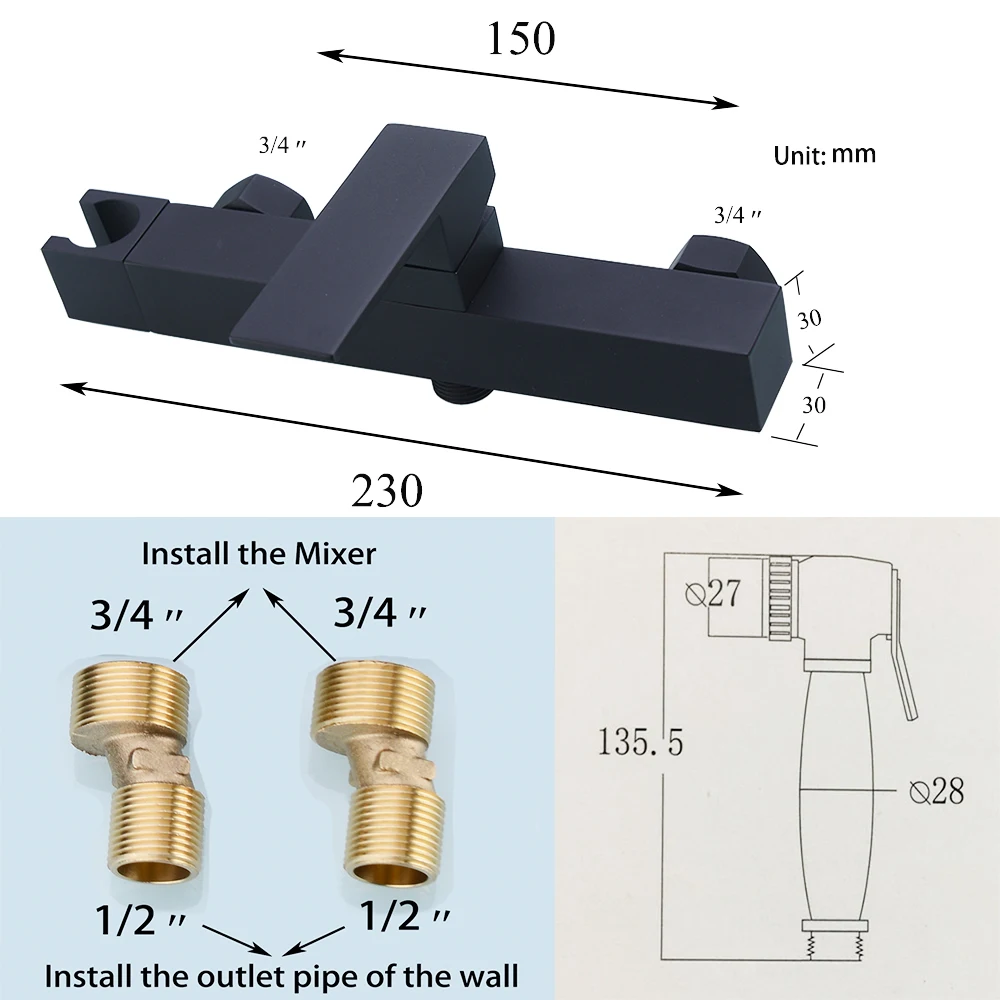 Матовый черный латунный ручной душ для биде опрыскиватель с горячей и холодной смесителя клапан и 1,5 м душевой шланг комплект настенное крепление