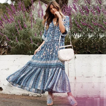 

OrGypsy Boho Summer Dress Women Clothing Cotton Stitching Lace Cover Up Floral Print Short Sleeve V-neck Maxi Dress Vestidos New