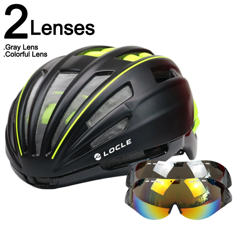 LOCLE Goggles велосипедный шлем дорожный горный MTB велосипедный шлем Casco Ciclismo Сверхлегкий в форме велосипедный шлем с очками 55-61 см - Цвет: Black Green 2 Lenses