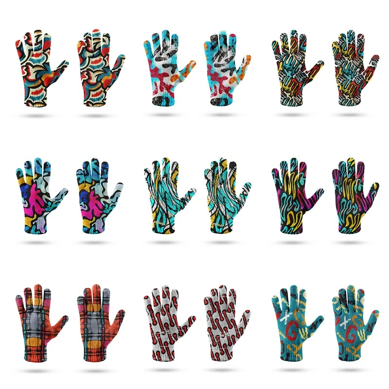 Women's Winter Touch Screen Gloves 3D Printing Graffiti Patterns Knitted Gloves Imitation Wool Full Finger Outdoor Skiing Gloves thermal gloves mens