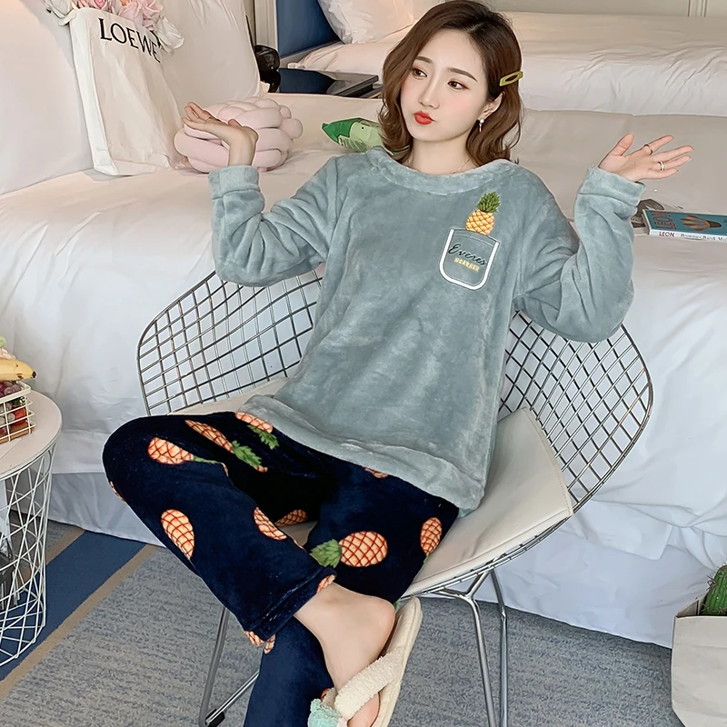 

Pajama for women winter long sleeved Pyjamas Sets ladies Sleepwear Suit Thick Warm Coral Flannel Female Cartoon Pijama Mujer pjs