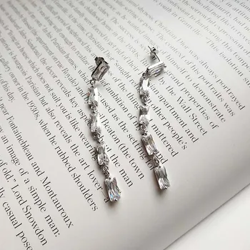 

High Quality Rectangle Cubic Zircon Long Tassel Dangle Earrings Silver 925 Statement Korean Drop Earring Party Gifts Jewelry