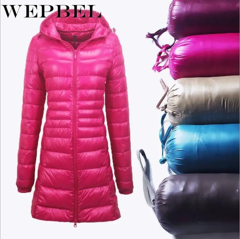 

WEPBEL S-7XL Winter Jackets Women White Duck Down Long Jacket Female Padded Hooded Parkas Ultra Light Portable Down Coats
