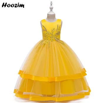 

Expensive Embroidery Flower Long Evening And Wedding Dresses Girls 4-13 Years Yellow Long Layered Prom and Gala Dress Children