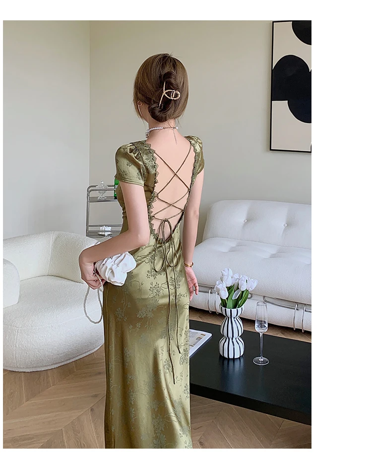 Women Green V-Neck Backless Sexy Dress Short Sleeve Lace Bandage Vintage Elegant Mixi Dress Lady Palace Robe Summer Vestidos dresses to wear to a wedding