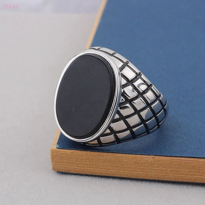 S925 чистое серебряное кольцо для мужчин с черным натуральным камнем, Открытое кольцо для мужчин и женщин, новое модное увеличенное тайское серебряное кольцо для мужчин