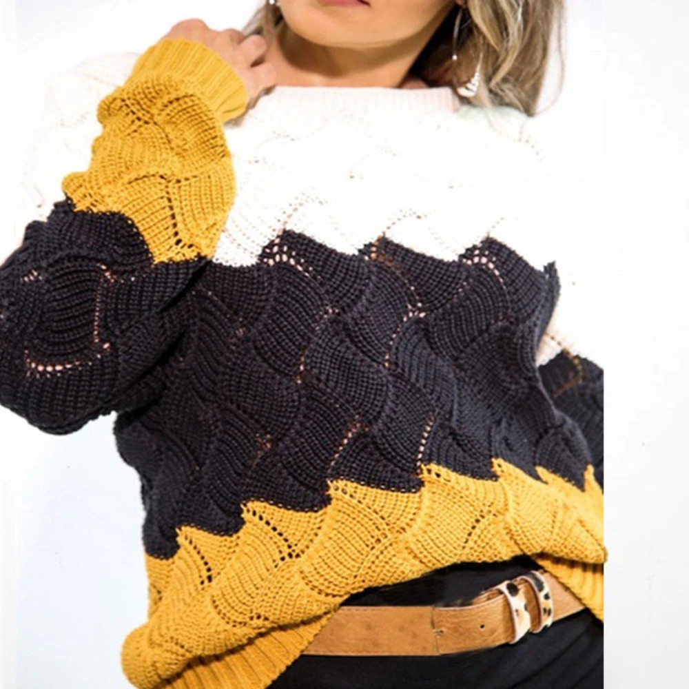 Осенне-зимняя женская толстовка, свободный свитер большого размера с дырочками, Цветной полосатый Топ с длинным рукавом, уличная спортивная рубашка для спортзала