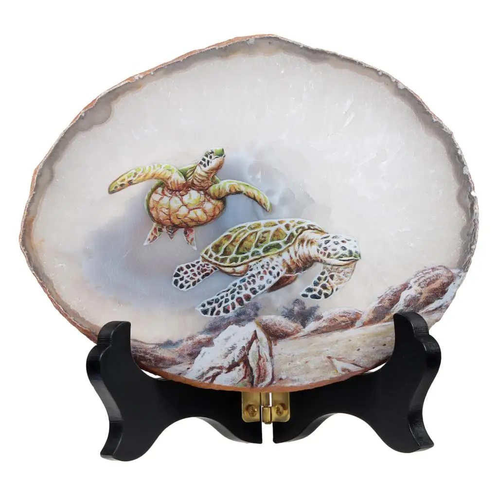 TUMBEELLUWA Natural Irregular Agate Slices With Wooden Base Stand Bear Wolf Sea Turtle Owl Pattern Ornaments Home Decoration