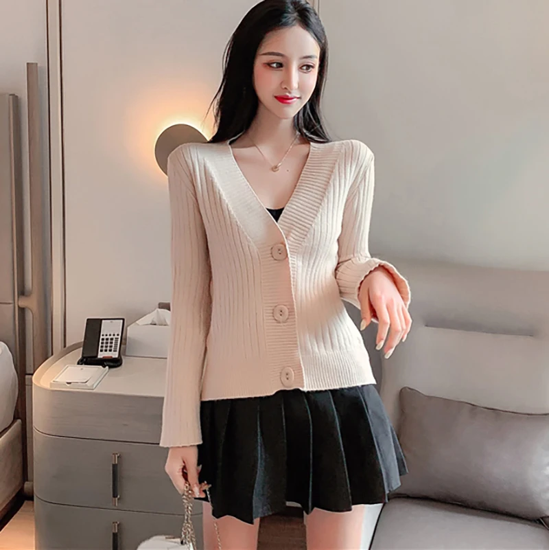 

2019 Autumn New Women Knitted Cardigan Fashion V-Neck Long Sleeve Solid Cardigan Sweater Single Button Casual Knit Coat