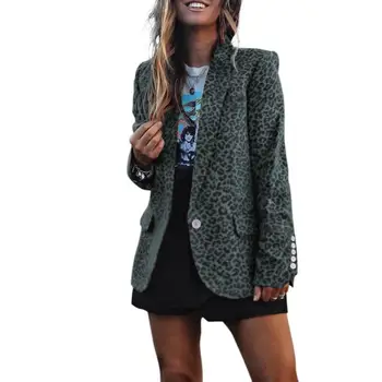 

Trendy Splicing Women Blazer Slim Lapel Long Sleeve Pocket Outwear Women Personality Breathable Leopard Printing Button Coat