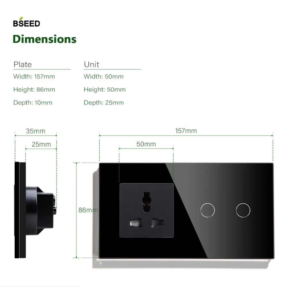 BSEED ЕС сенсорный выключатель 2 банды 1 способ 2 способ настенный выключатель 157 мм с многофункциональная розетка Хрустальная стеклянная панель белый черный Глобен