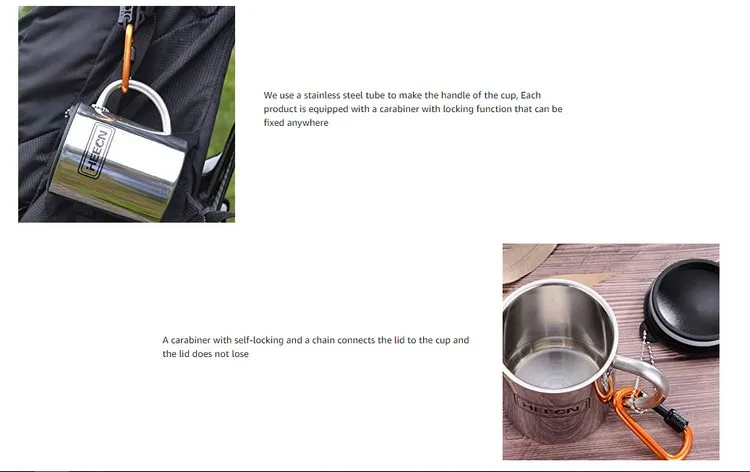 HEECN 双层户外徒步野营便携不锈钢水杯带登山扣HESS038BBK黑标-12