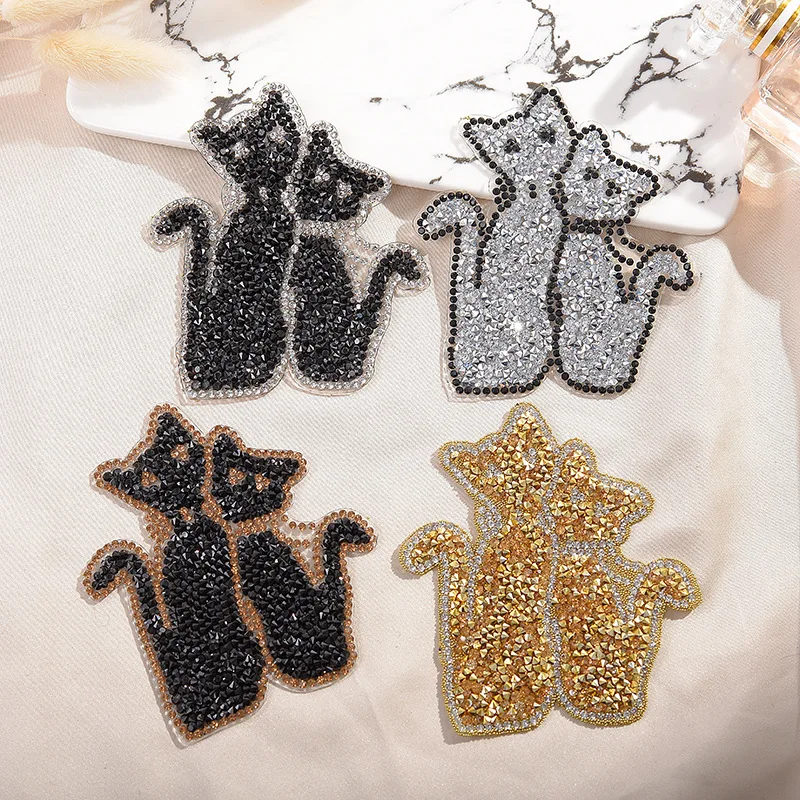 

Fashion Cat Crystal Rhinestones Patches Iron on Patches for Clothing Hotfix Rhinestone Sticker on Clothes for Kids DIY Appliques