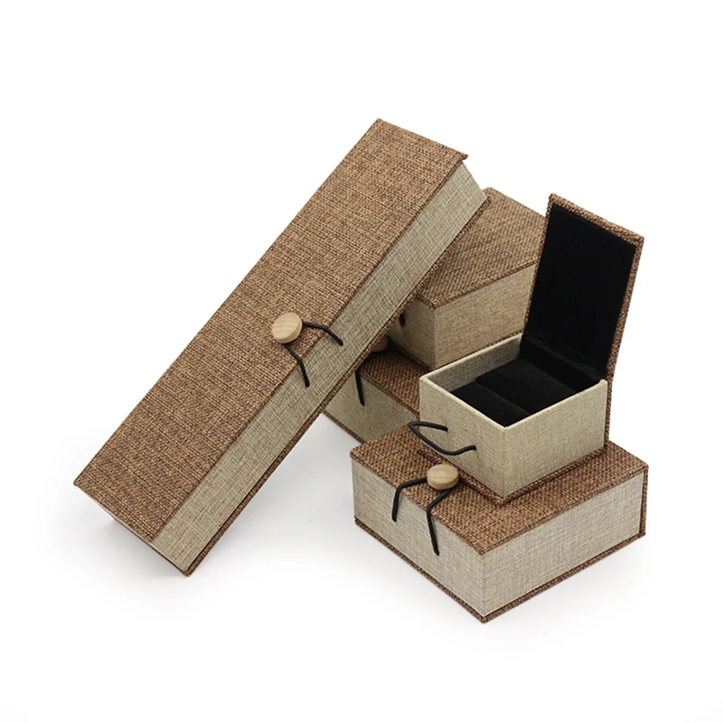 5PCS Burlap Wooden Buckle Series Jewelry Ring Pendant Bracelet Packaging Gift Built-in Black High-grade Flannel Card Slot