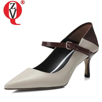 

ZVQ spring new fashion women pumps outside high heels pointed toe genuine leather mixed colors buckle women shoes drop shipping