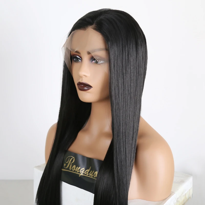 RONGDUOYI длинные шелковистые прямые синтетические Синтетические волосы на кружеве черный парик термостойкие волокна волос бесклеевой Косплэй 13X6 парики шнурка для Для женщин