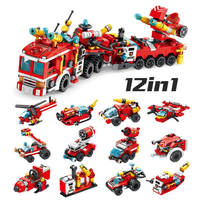 

Pan luo si 633009 City Firefighting Team 12-in-1 Variety Fun Deformation Assembled Building Blocks Puzzle Toy