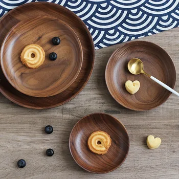 

Wooden Black Walnut Wooden Plate Round Walnut Wooden Plate Snack Tray Plate Solid Wood Small Tea Bandeja Tableware