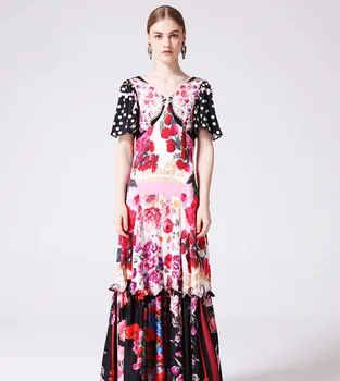 

Princess Dress Women's Long Printing Dresses V Neck Short Sleeve Lady and Girl's Patchwork Dress