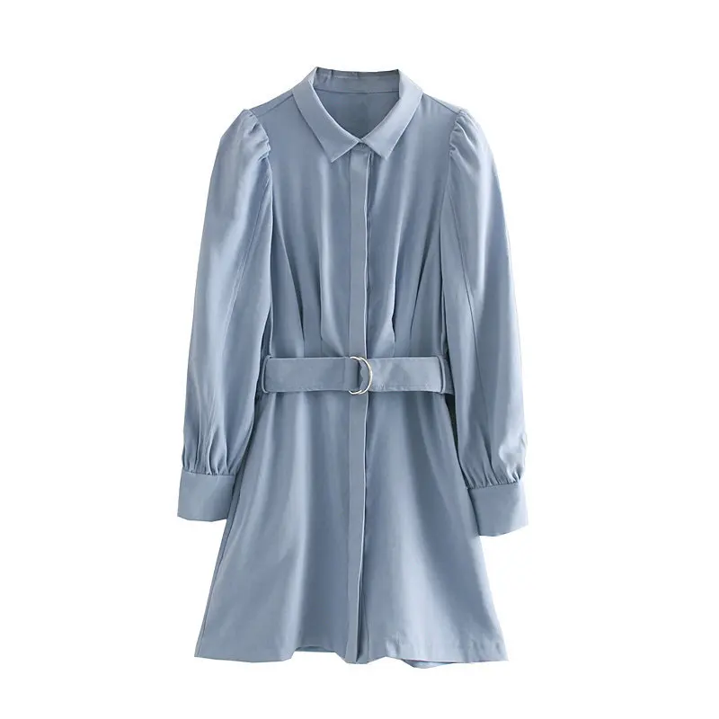 

Europe And America WOMEN'S Dress French Retro Solid Color with Belt Waist Hugging Fold-down Collar Shirt Dress Ol Wind Business