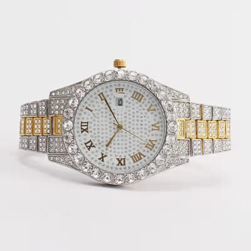 Full Iced Out Watch + Bracelet for Men Bling Miami Cuban Chain Wristwatch Man Clock Hip Hop Luxury Gold Set Women Gifts Relojes