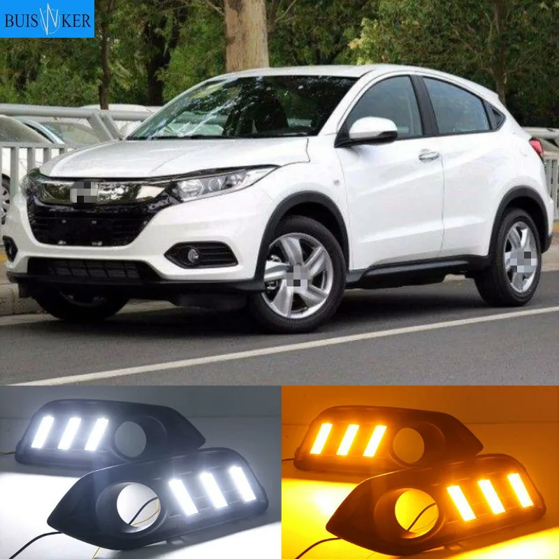 

Светодиодный дневные ходовые огни для Honda вариабельности сердечного ритма HR-V 2018 2019 Vezel дневные ходовые огни светильник светодиодные противотуманные лампы с желтым лампа для поворотного сигнала