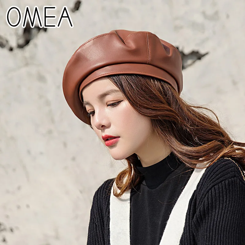 OMEA Женский берет из искусственной кожи, матовая поверхность, искусственный мех, берет, однотонный цвет, весенний модный кожаный берет, Ретро стиль, шапка художника, трендовый берет