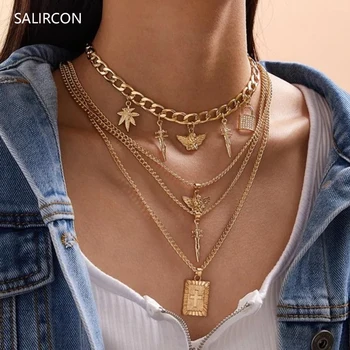 

Salircon Punk Leaf Angel Cross Lock Pendant Necklaces Gothic Layered Cuban Link Chain Choker Necklace Set For Women Men Jewelry