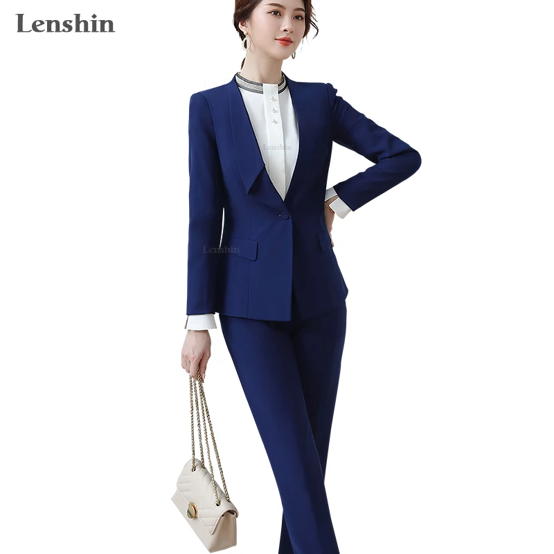 

Lenshin 2 Piece Set Formal Pant Suit Soft and Comfortable Asymmetrical Blazer Office Lady Uniform Designs Women Business