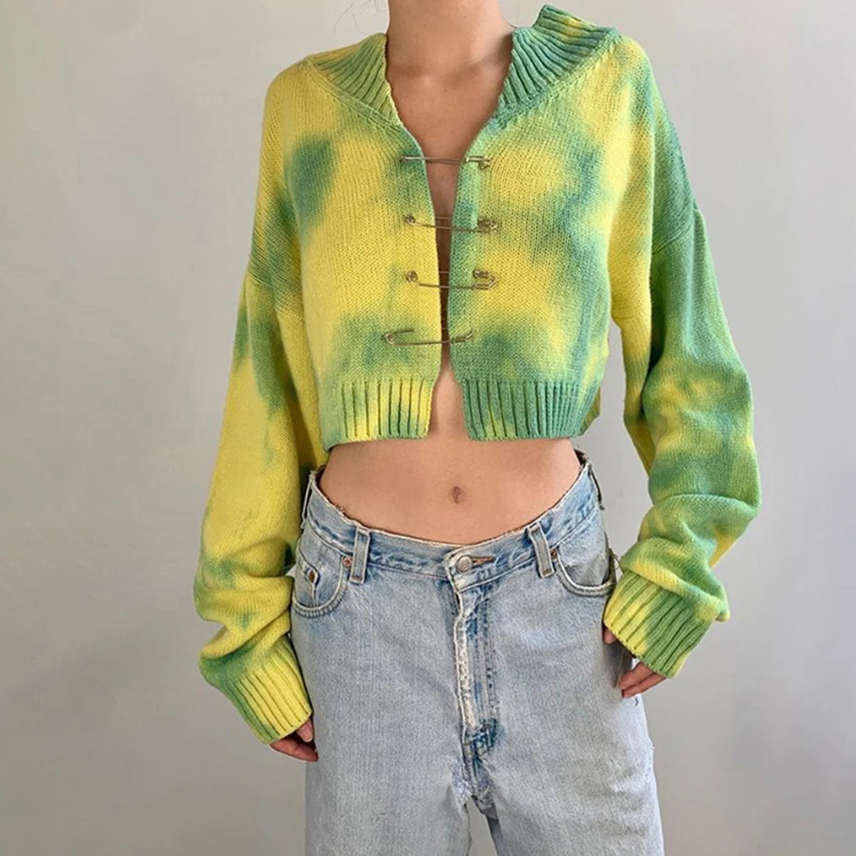 Print Knitted Sweater Women Elegant Green Blue Pullovers Crop Cardigan V Neck Winter Loose Long Sweaters Streetwear |