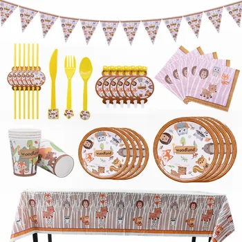 

Forest Animal Party Disposable Tableware Cartoon Fox Hedgehog Print Plate Cup for Woodland Birthday Party Kids Favor Decoration.