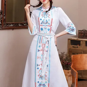 

2020 spring new Chinese Nation Style Embroidered Simplicity Elegant woman Retro Geometric pattern long loosse white dress