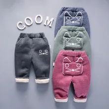 Новые стильные зимние плотные штаны из чистого хлопка с принтом котенка для маленьких мальчиков 0-4 лет, повседневные спортивные штаны с хлопковой подкладкой