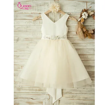 

New Flower Girl Dress 2019 Champagne Lace Tulle with Beading Sashes and Big Bow Dress Zipper Up Sleeves Dress for Wedding