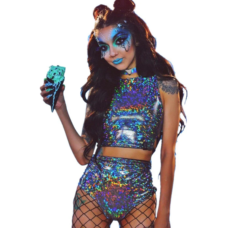 2 Piece Sets Holographic Crop Top And Hot Shorts Women Sexy Lace Up Festival Party Rave Clothing Two Piece Set
