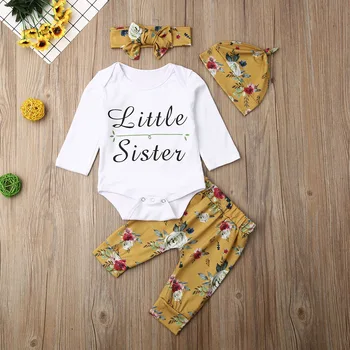 

Pudcoco Newborn Baby Girl Clothes Letter Long Sleeve Romper Tops Flower Print Long Pants Headband Hat 4Pcs Outfits Clothes
