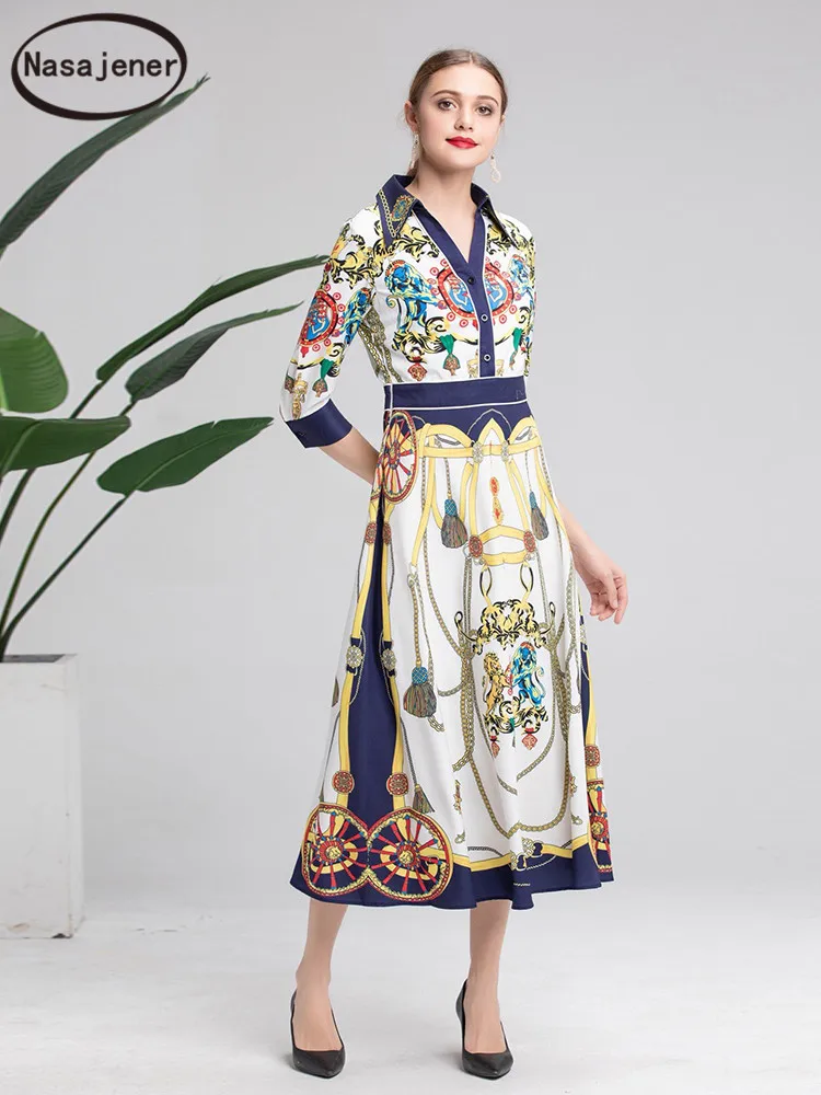 

2020 Spring And Summer New Fashion Runway Dress Temperament V-neck Seven-Point Sleeve Printing Waist Was Thin Long Dress